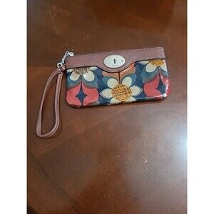 Fossil Key Per Brow Floral Coated Canvas Wristlet Zipper Cards Key Hole Logo